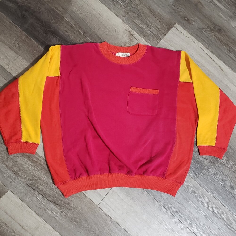 Vintage 80s Venezia Colour Block Sweatshirt Hot Pink Yellow Orange Oversized